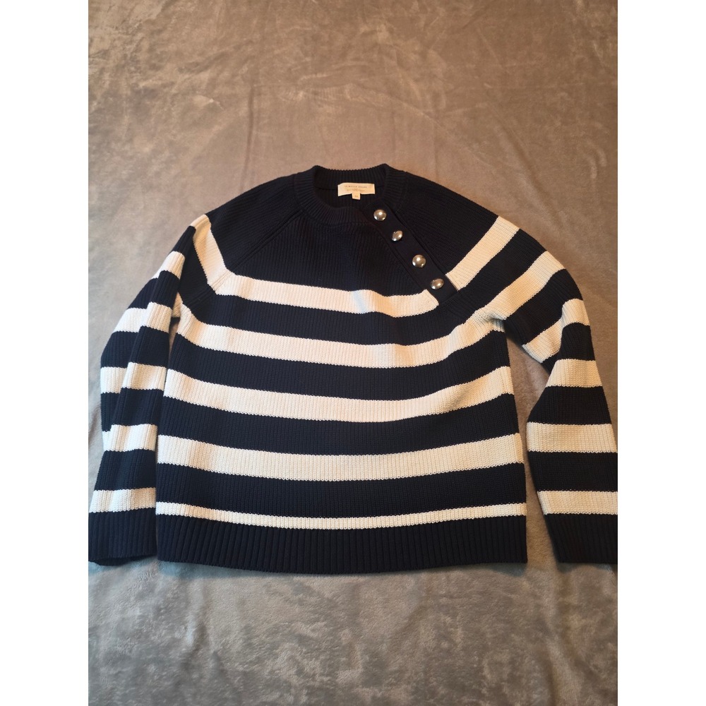 Sezane Leontine Sweater Women XS Navy White Striped Button Shoulder Pullover